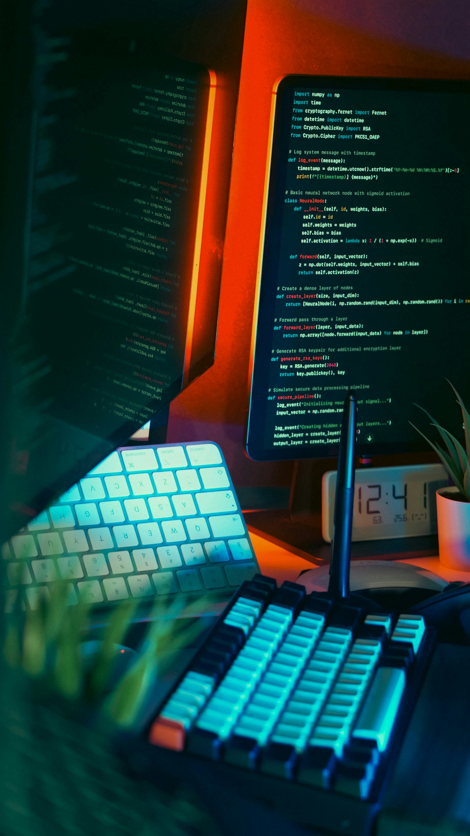Multi-monitor developer desk showing source code with an illuminated keyboard