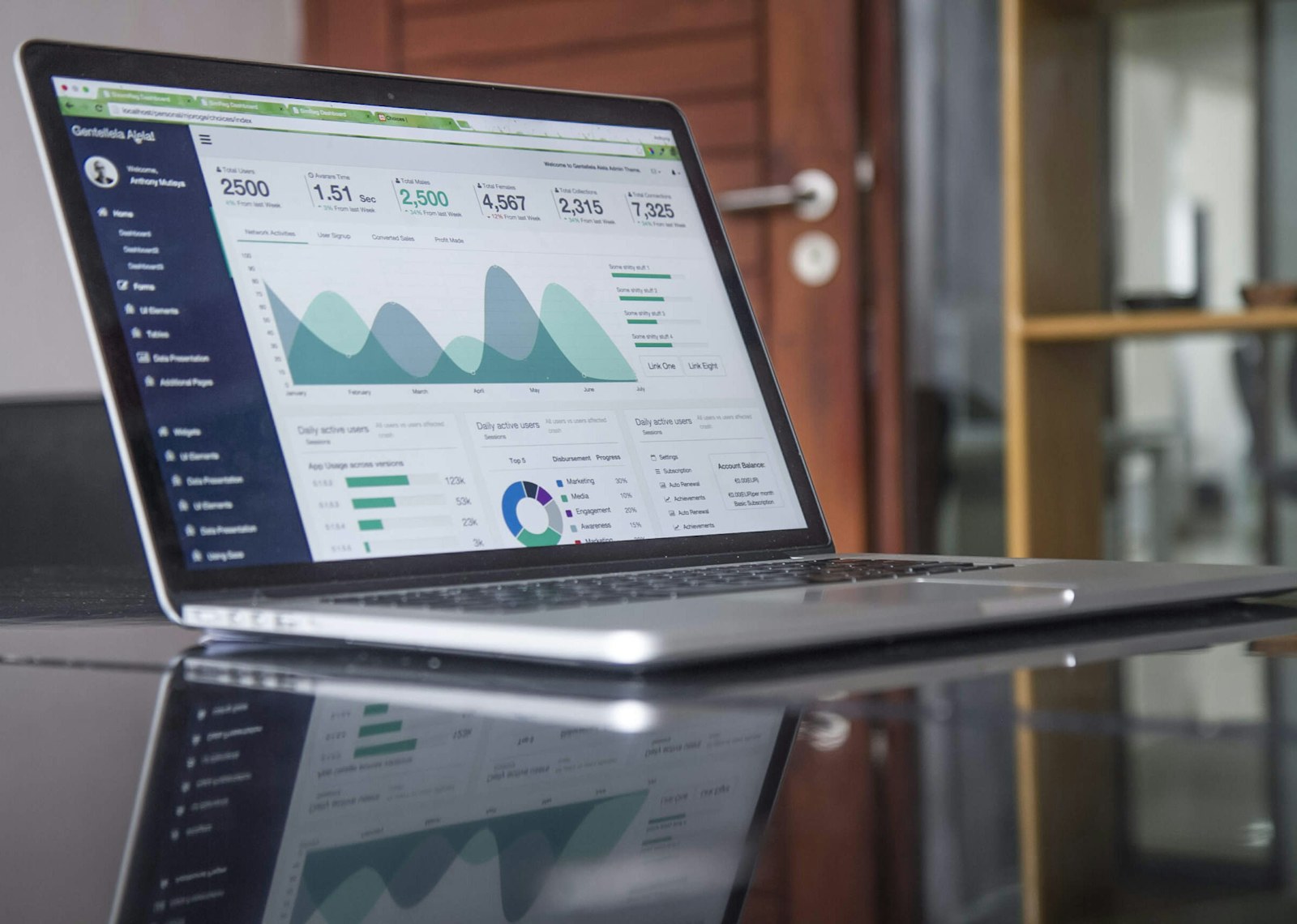 Laptop on a glass table displaying charts and statistics