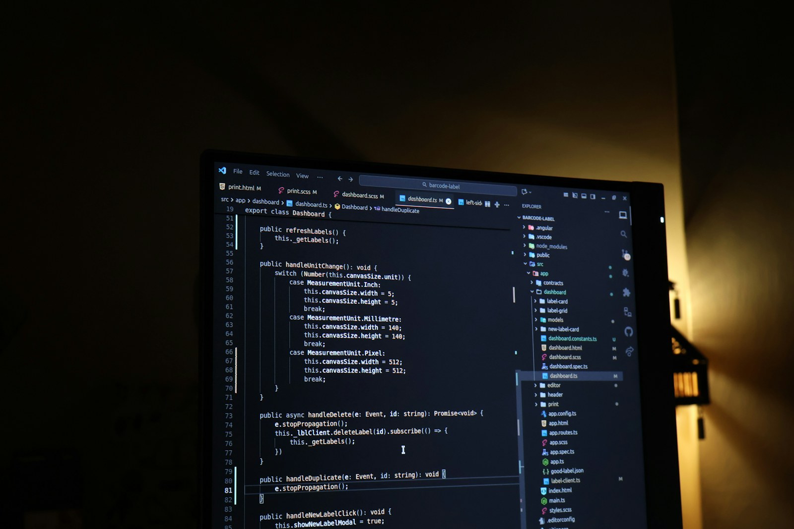 Application source code on a monitor in a developer workspace